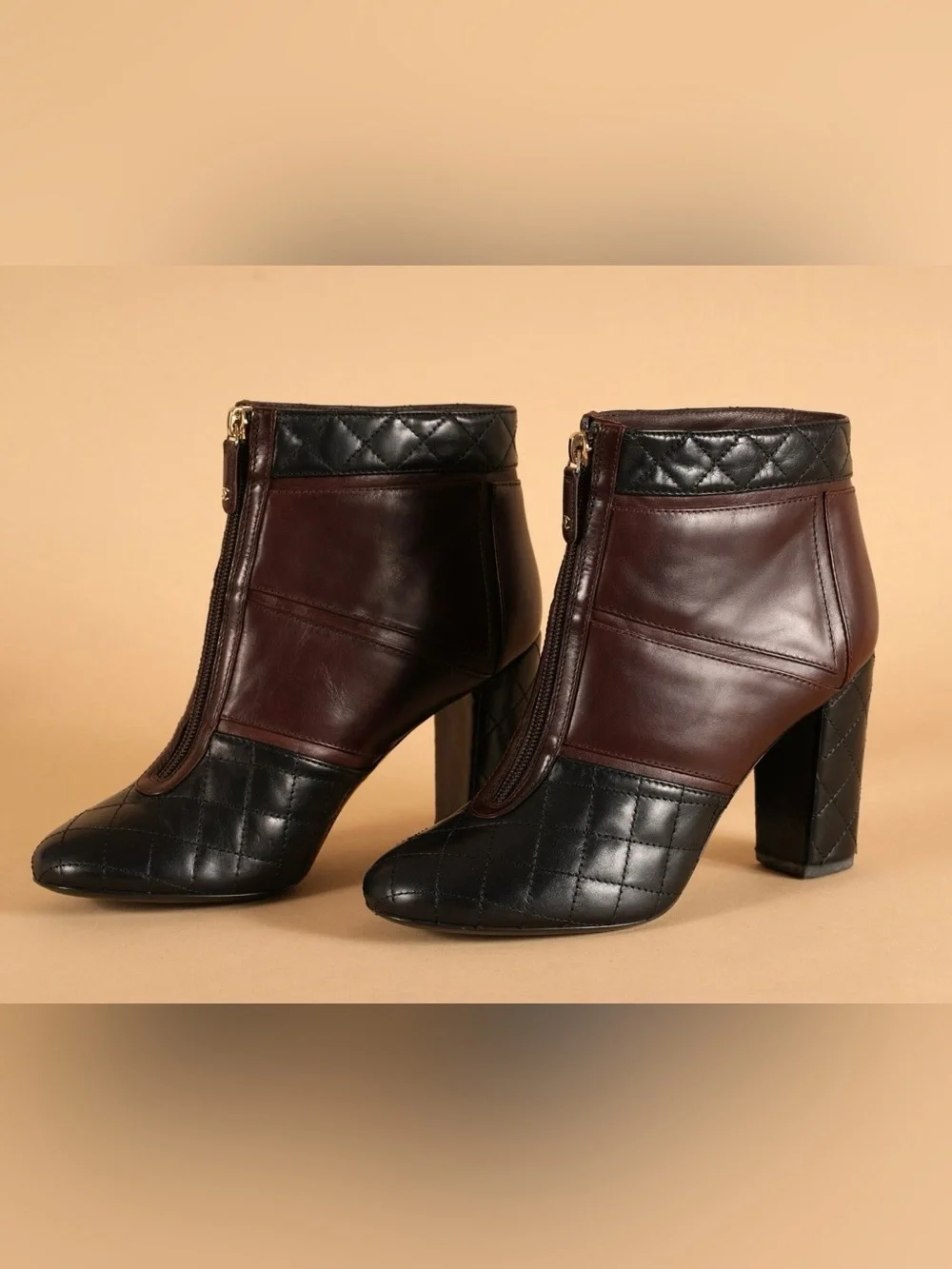 Chanel Quilted Two-Tone Leather Ankle Boots Burgundy & Black Sz EU 39.5/US 9.5
